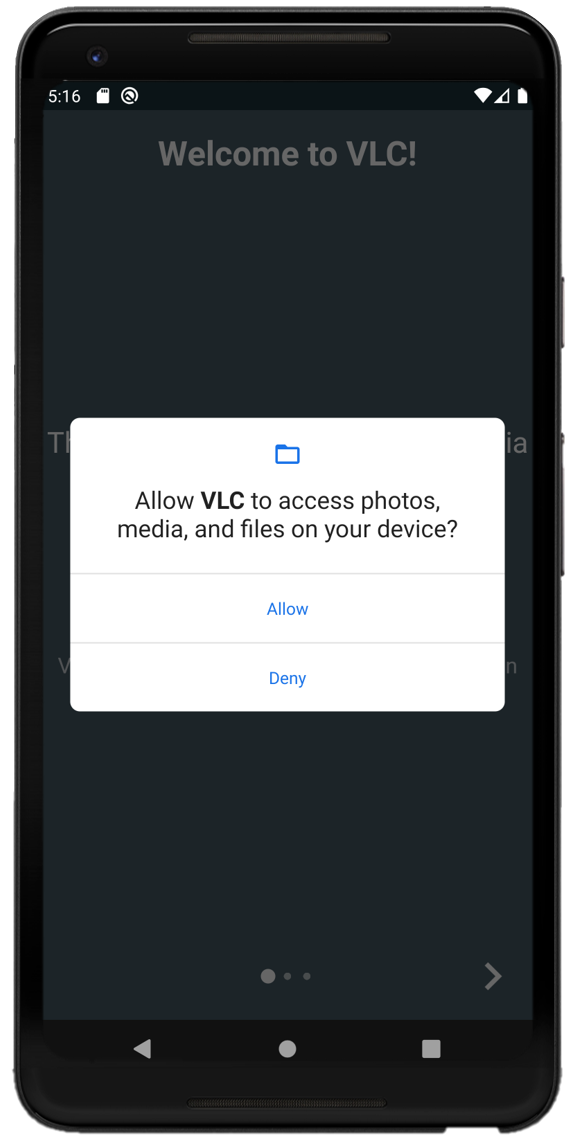 The VLC permission screen