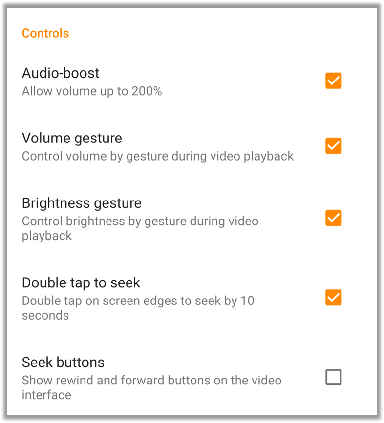 Video Player Controls Settings